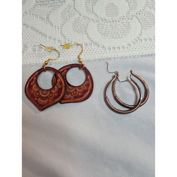 other Jewelry - Boho Southwestern Earring Lot Tooled Leather Dangles & Copper Hoops Set